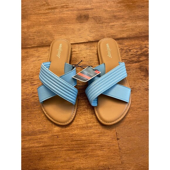West Loop Women's Sandals Small 5/6 Blue Beige All Manmade Materials Comfortable - Picture 1 of 7